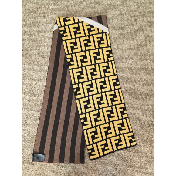 Fendi yellow brown FF Logo Printed Wool reversible scarf - Picture 8 of 10